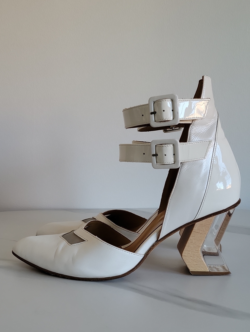 John Fluevog White Patent Double-Buckle Geometric Heel Pumps